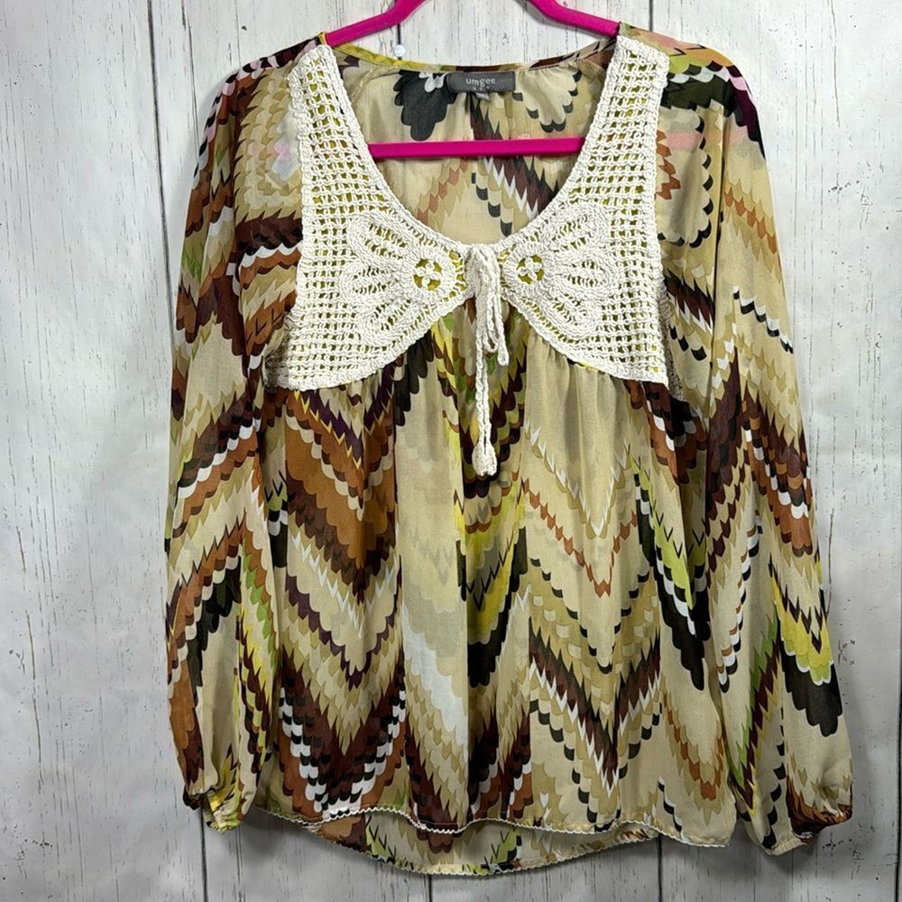 Umgee Boho Crochet Tie Neck Chevron Peasant Blouse M Festival Western